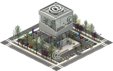 Obraz premium Isometric city buildings, parking lot with IT computer company. 3D rendering