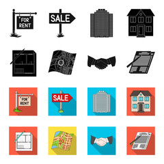 House plan, documents for signing, handshake, terrain plan. Realtor set collection icons in black,flet style vector symbol stock illustration web. © pandavector