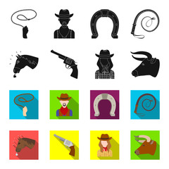 Head of a horse, a bull's head, a revolver, a cowboy girl. Rodeo set collection icons in black,flet style vector symbol stock illustration web. © pandavector