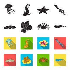Electric ramp, mussels, crab, sperm whale.Sea animals set collection icons in black,flet style vector symbol stock illustration web. © pandavector