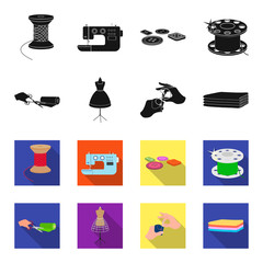 Fabric, scissors for cutting fabrics, hand sewing, dummy for clothes. Sewing and equipment set collection icons in black,flet style vector symbol stock illustration web. © pandavector