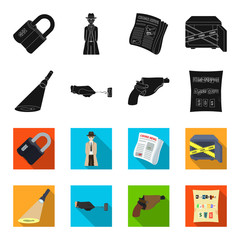 The detective's flashlight illuminates the footprint, the criminal's hand with the master key, a pistol in the holster, the kidnapper's claim. Crime and detective set collection icons in black,flet © pandavector