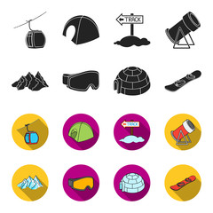 Mountains, goggles, an igloo, a snowboard. Ski resort set collection icons in black,flet style vector symbol stock illustration web. © pandavector