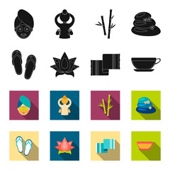 Flip-flops for the pool, lotus flower with petals, yellow towel with fringe, cup with tea, drink. Spa set collection icons in black,flet style vector symbol stock illustration web. © pandavector