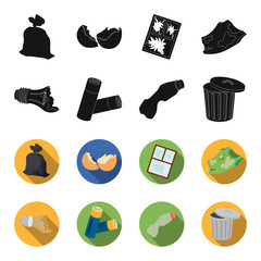 Broken light bulb, used batteries, breaking a plastic bottle, garbage can with a sign.Garbage and trash set collection icons in black,flet style vector symbol stock illustration web. © pandavector