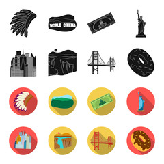 A megacity, a grand canyon, a golden gate bridge,donut with chocolate. The US country set collection icons in black,flet style vector symbol stock illustration web. © pandavector