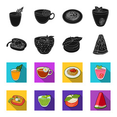 Sweet Bulgarian pepper, vitamin drink, jam with raspberry and mint leaves, a piece of watermelon. Vegetarian dishes set collection icons in black,flet style vector symbol stock illustration web. © pandavector