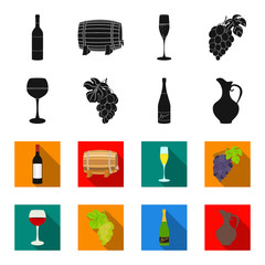 A glass of red wine, champagne, a jug of wine, a bunch. Wine production set collection icons in black,flet style vector symbol stock illustration web. © pandavector