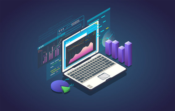 Finance analysis computer application. Isometric laptop with chart and financial growth graph. Big data and marketing analysis. Finance report and plan for business.