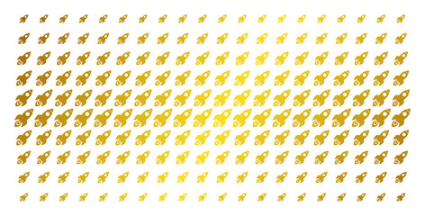 Space rocket icon golden halftone pattern. Vector space rocket symbols are arranged into halftone matrix with inclined gold gradient. Constructed for backgrounds, covers, © Aha-Soft