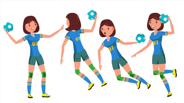 Handball Female Player Vector. Playing In Different Poses. Woman. Attack Jump. Shooting Player. Athlete Isolated On White Cartoon Character Illustration