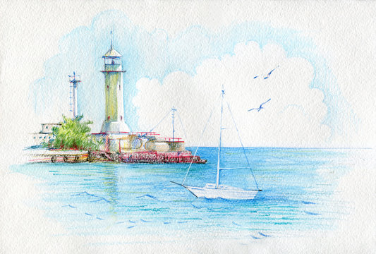 Beautiful watercolor landscape. View of the sea and Yalta Lighthouse. Crimea. Hand painted by watercolor pencils.