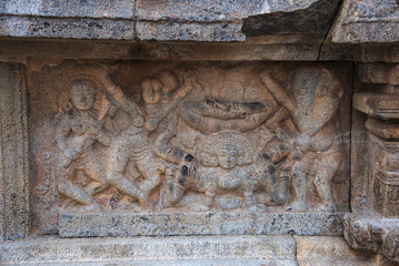 Sculpture depicting woman in a yogic pose. Airavatesvara Temple,  Darasuram, near Kumbakonam, Tamil Nadu, India