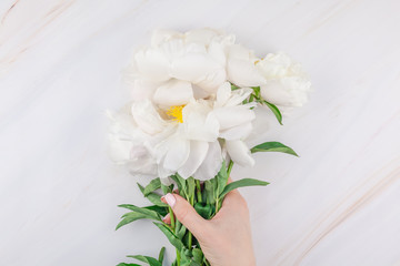 White peony flowers on marble background