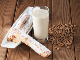 Horchata is a drink, made with the juice of tigernuts and sugar.  Native from Valencia – Spain, it is a refreshing drink, often accompanied with long thin buns called  fartons.