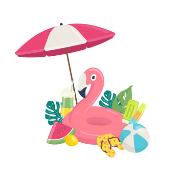 Summer beach template with pink flamingo inflatable pool float, exotic leaves,and beach accessories. Summer beach vacations concept. Vector illustration on white background