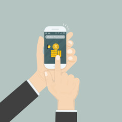 Hand holding smartphone and touching screen with text messaging.Smartphone with Mobile Payments applications on screen.Mobile Application concepts.Smartphone banking applications.Vector illustration.