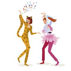 Two young women in carnival costumes. Jungle Masquerade. Panther, flamingo. Vector design for posters, banners, cards and invitations. © Anna