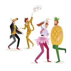 Group of people in carnival costumes. Jungle masquerade. Panter, flamingo, pineapple, toucan. Vector design for posters, banners, cards and invitations.
