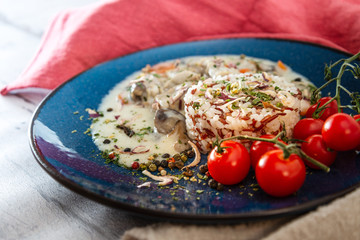 blanquette of veal with porcini mushrooms and rice duo