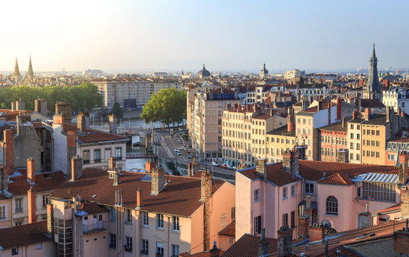 Spring sunrise over Vieux Lyon and Croix Rousse in the French city of Lyon.