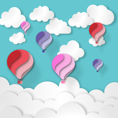 Colorful balloon in blue sky and white cloud paper art style vector