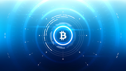 Bitcoin cryprocurrency futuristic vector illustration for background, HUD, graphical user interface, banner, business and finance infographics and more. Worldwide digital money blockchain system