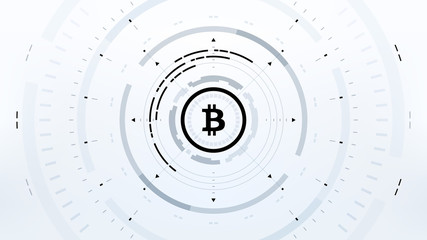 Bitcoin cryprocurrency futuristic black and white vector illustration for background, HUD, GUI, banner, business and finance, advertising and more. Worldwide digital money blockchain system technology