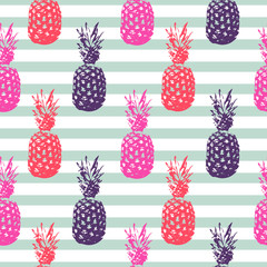 Pineapple summer fruit striped seamless pattern.