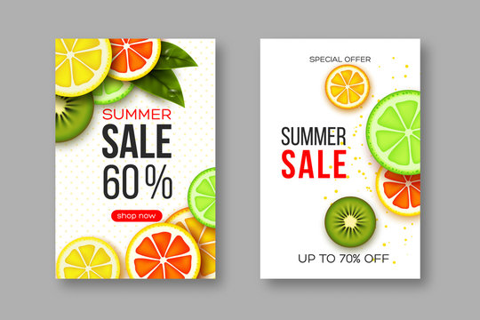 Summer sale banners with sliced citrus and kiwi pieces, leaves and dotted pattern. White background - template for seasonal discounts, vector illustration.