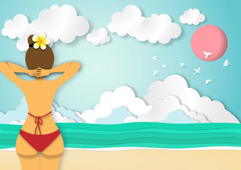 Fototapeta na wymiar Paper art summer background with beautiful beach, sexy lady, red bikini in paper cut style vector 01