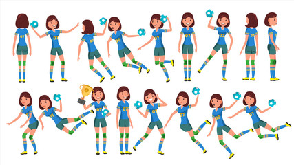 Fototapeta na wymiar Handball Female Player Vector. In Action. Sport Event. Energy, Aggression. Cartoon Character Illustration