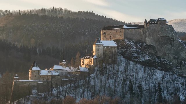 Winter evening over historic castle of dracula Time lapse