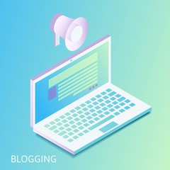 Isometric gradiented laptop with opened web site and megaphone for blogging or marketing concept. Notebook computer with blog post or news article on gradient background.