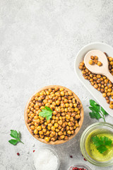 Vegan healthy snack,spicy roasted chickpeas in bowl.Top view, space for text.