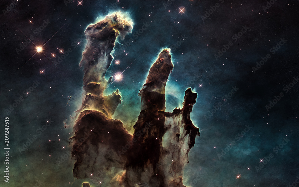 Poster pillars of creation. deep space. elements of the image are furnished by nasa
