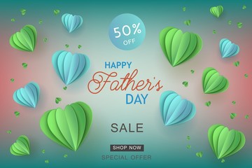 Blue and green folded paper heart shapes and sign on gradient background for Fathers Day special offer banner - trendy origami hearts in advertising vector illustration.