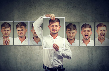 Masked man expressing different emotions - obrazy, fototapety, plakaty