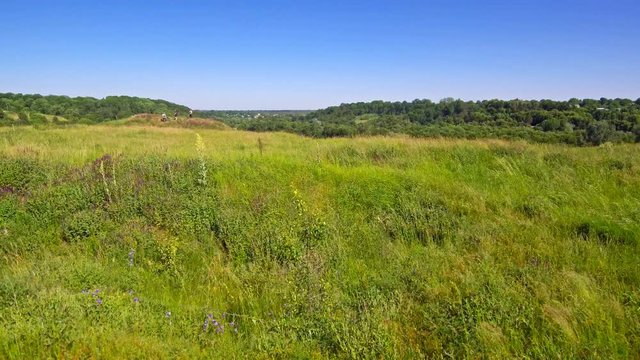 a beautiful summer landscape the drone flies out for a halm opening the view of the river