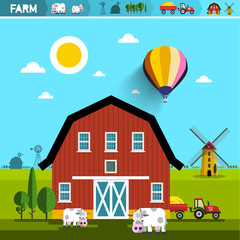 Farm with Barn, Cows, Tractor and Wind Mills. Vector Rural Landscape. Farming Concept. Agriculture Design.