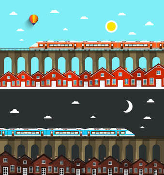 Modern Train on Bridge above City with Houses. Night and Day Landscape Vector Illustration.