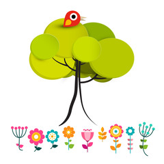 Flowers with Bird on Tree Vector