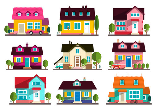 Family House. Vector Flat Design Buildings Icons Set Isolated on White Background.
