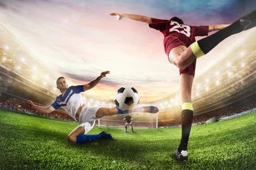 Foto op Plexiglas Voetbal Voetbalspits raakt de bal met een acrobatische trap. 3D-rendering