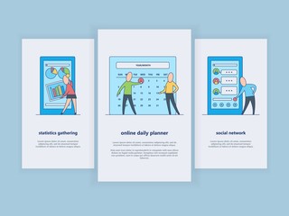 Fototapeta na wymiar Analysis and organization of workflow on vertical banners set - people performing various business tasks in flat vector illustration. Persons standing near big device screens and adding information.