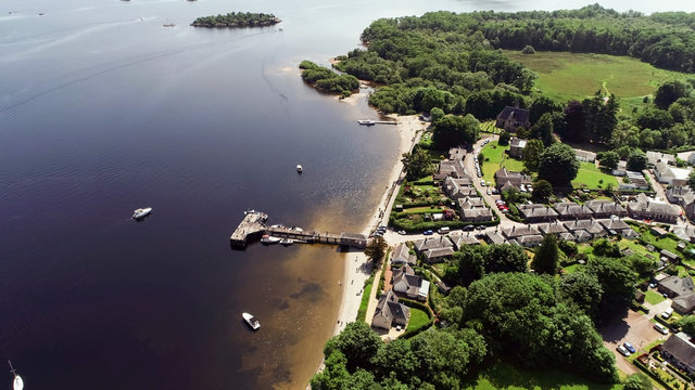 Aerial image of the picturesque village of Luss on the banks of Loch Lomond.