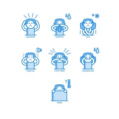 Woman having rhinitis line icons set isolated on white background - various symptoms of disease with runny and stuffy nose. Female character with coryza in outline vector illustration.