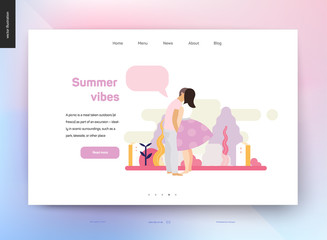 Kissing scene - flat cartoon vector illustration of young couple, boyfriend, girlfriend, kissing, romantic scenery, trees, plants and leaves, houses, message bubble - postcard, web, summer vibes