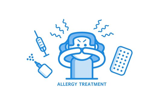 Allergy Treatment Concept With Young Woman Having Allergic Rhinitis And Various Medicines Around Her - Girl With Hay Fever And Methods Of Treatment In Outline Vector Illustration.