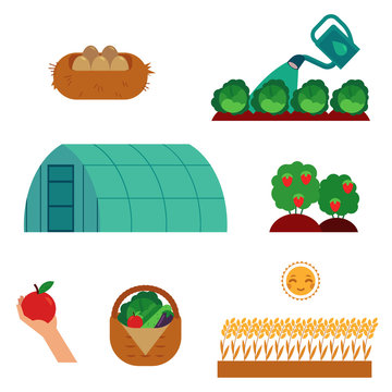 Farming and gardening scenes set in flat cartoon style isolated on white background - cultivation of agricultural crops, seeding and harvesting theme in vector illustration.